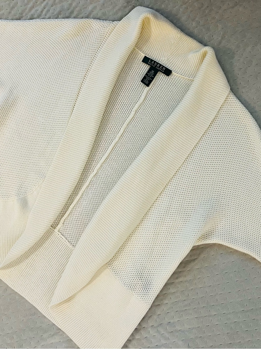 Ralph Lauren Cream Shawl-Collar Open-Front Knit Cardigan